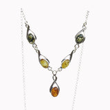 Silver Baltic Amber Necklace Green/Honey/Multicolour Drops