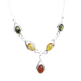 Silver Baltic Amber Necklace Green/Honey/Multicolour Drops