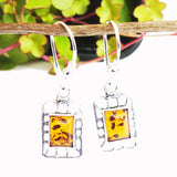 Honey or Green Baltic Amber Studs, Dangle Earrings - Magic Squares