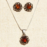 Sterling Silver Honey or Green Baltic Amber Pendant, Studs - Flowers, + gorgeous gift box,  silver 925, silver jewellery amber pendant studs