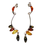 Playful sterling silver 925 fittings and marquese multicolour baltic amber long dangle earrings