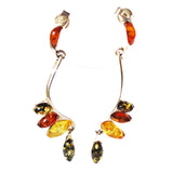 Playful sterling silver 925 fittings and marquese multicolour baltic amber long dangle earrings