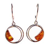 Elegant sterling silver 925 circles and drop cognac baltic amber earrings