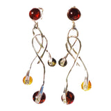 Playful sterling silver 925 fittings and round multicolour baltic amber long dangle earrings