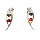 Delicate sterling silver 925 fittings and small round multicolour baltic amber long dangle stud earrings.