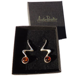 Beautifully simple zigzag sterling silver 925 and round cognac baltic amber earrings