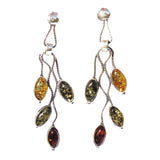Playful sterling silver 925 fittings and marquese multicolour baltic amber long dangle earrings