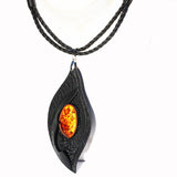 Black Leather & Honey Baltic Amber Necklace - Pendant