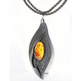 Black Leather & Honey Baltic Amber Necklace - Pendant
