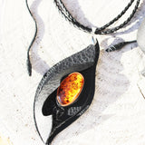 Black Leather & Honey Baltic Amber Necklace - Pendant