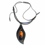 Black Leather & Honey Baltic Amber Necklace - Pendant