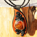 Red Leather & Honey Baltic Amber Necklace - Pendant